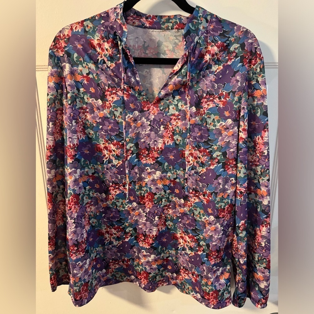 1970’s Floral Flower Power Womens Blouse Bow Tie Top Medium Vintage - Picture 7 of 10
